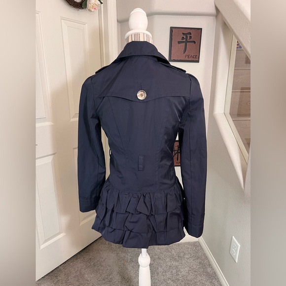Express NWOT Navy Blue Double Breasted Pocket Ruffle Peplum Pea Coat Jacket XS - Picture 5 of 13